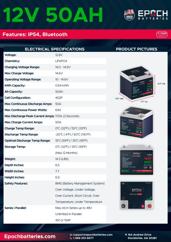 12V 50Ah LiFePO4 Battery with Bluetooth - Epoch Essentials Online now