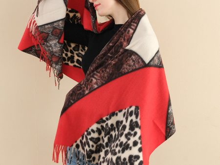 SF1338-RED Multi Element Collocation Scarf Leopard Print & Snake Print Cashmere For Sale