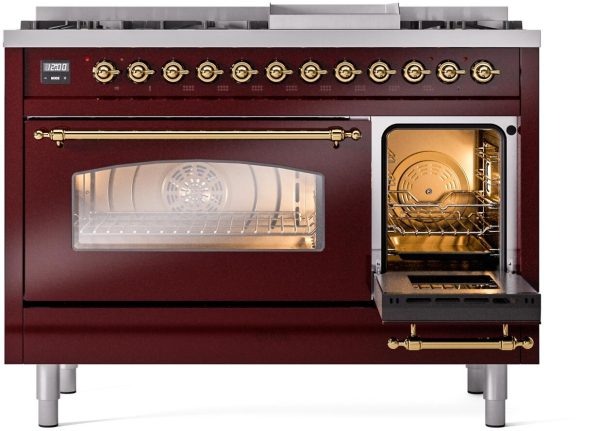 Nostalgie II 48 Inch Dual Fuel Liquid Propane Freestanding Range in Burgundy with Brass Trim Discount