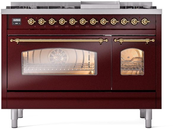 Nostalgie II 48 Inch Dual Fuel Liquid Propane Freestanding Range in Burgundy with Brass Trim Discount